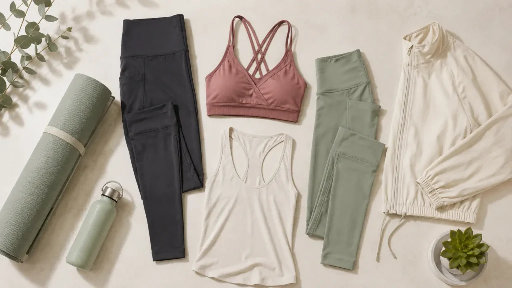 Beginner yoga wardrobe essentials with leggings, tops, sports bra, jacket, yoga mat, and water bottle
