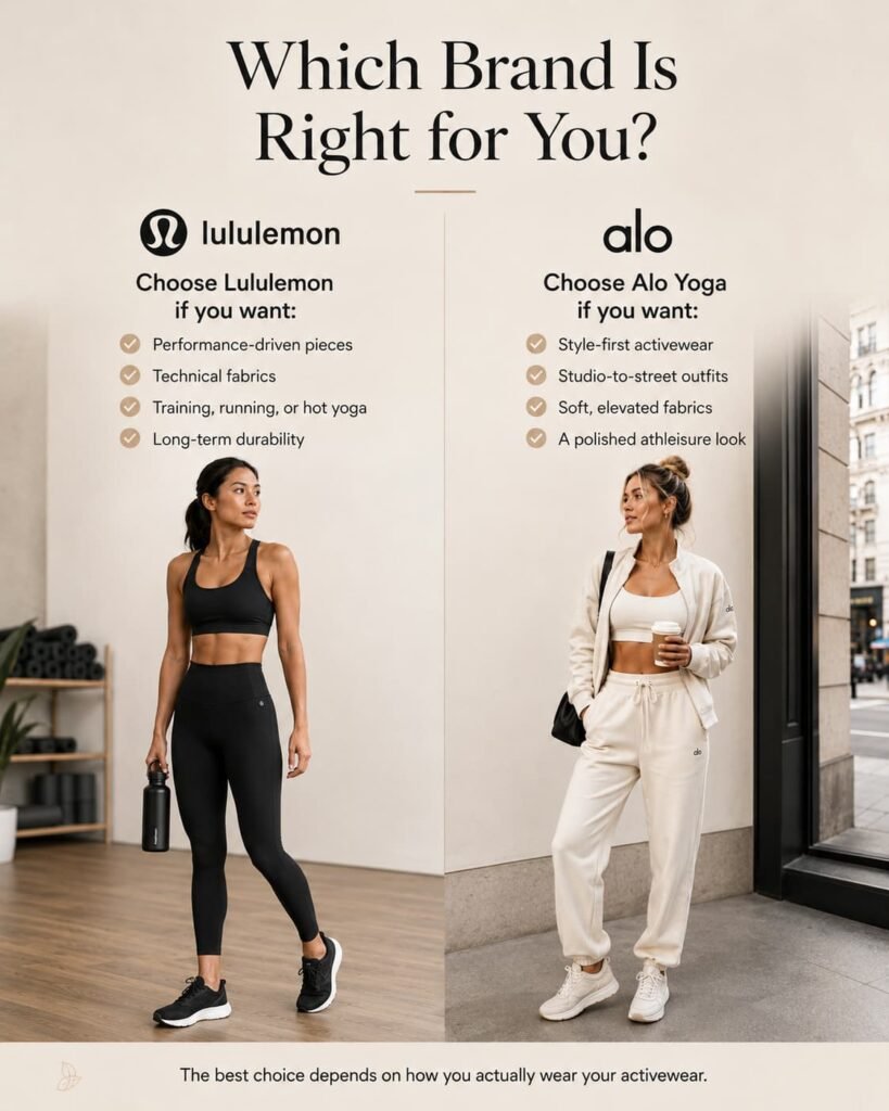 Decision guide comparing who should choose Lululemon and who should choose Alo Yoga based on activewear needs.