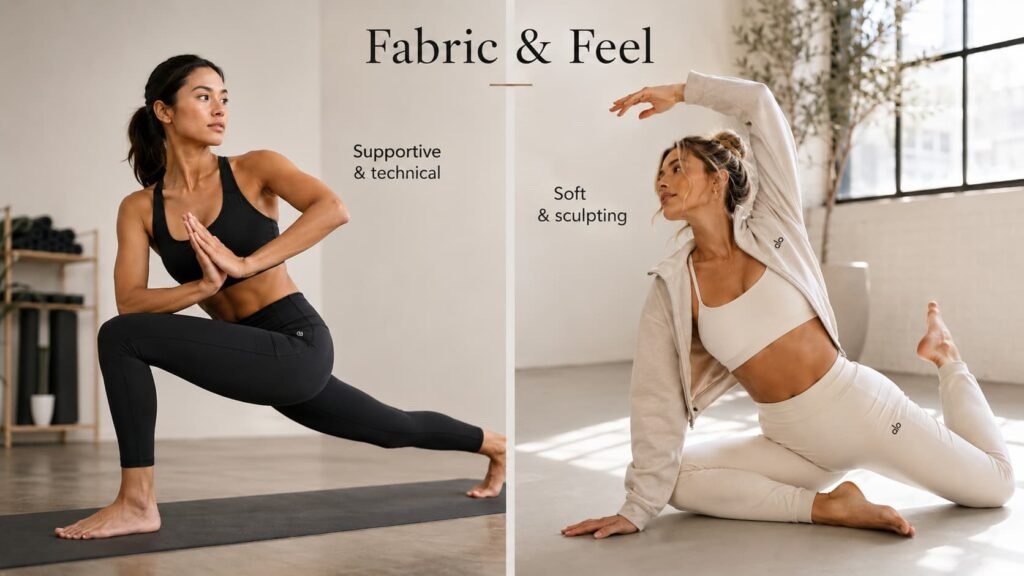 Fabric and feel comparison between technical black activewear and soft sculpting cream athleisure.