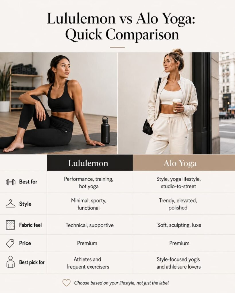 Quick comparison chart of Lululemon and Alo Yoga by best use, style, fabric feel, price, and shopper type.