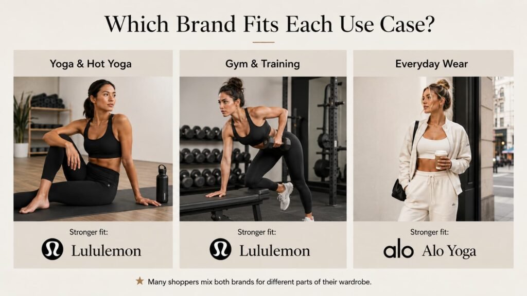Three-panel activewear use case guide showing Lululemon for yoga and training and Alo Yoga for everyday athleisure.