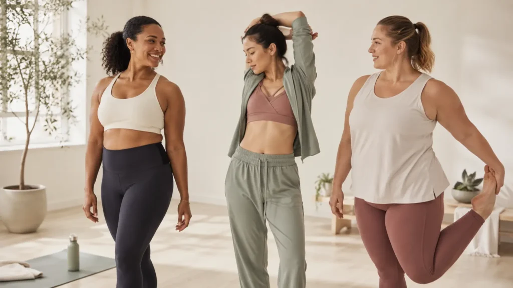 Women wearing comfortable yoga activewear in a bright studio, showing inclusive and sustainable yoga clothing styles