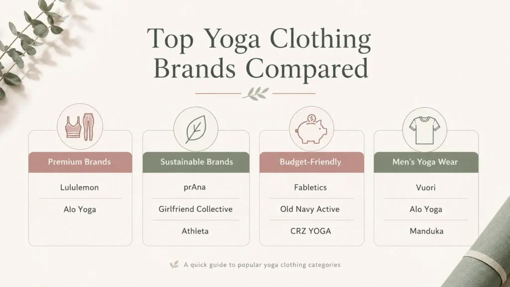Comparison infographic of top yoga clothing brands by premium, sustainable, budget-friendly, and men's yoga wear categories
